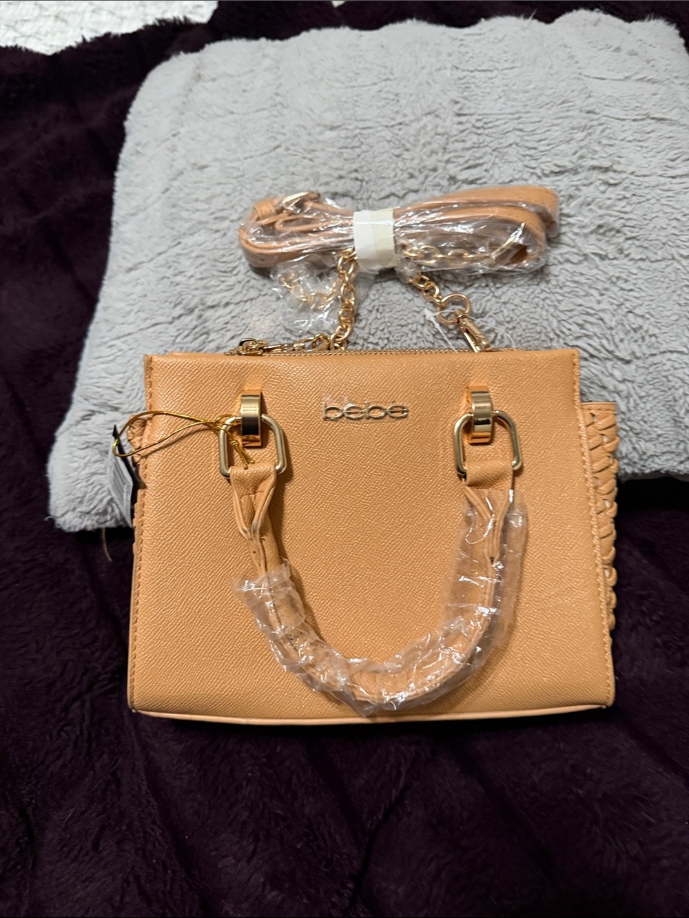 bebe Tan Structured Top-Handle Satchel with Gold Hardware NWT